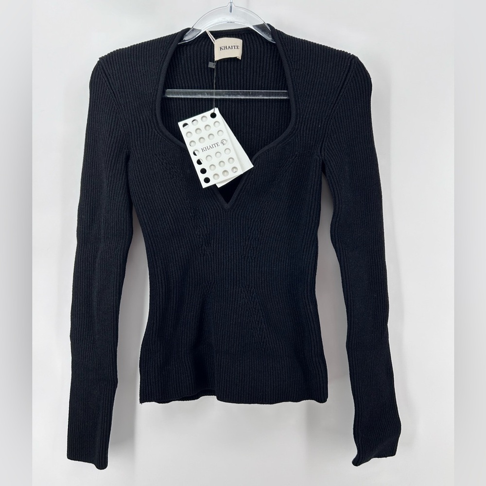 NWT $1474 KHAITE SWEETHEART L/s RIBBED-KNIT SWEATER TOP Black Size Small - Picture 4 of 11